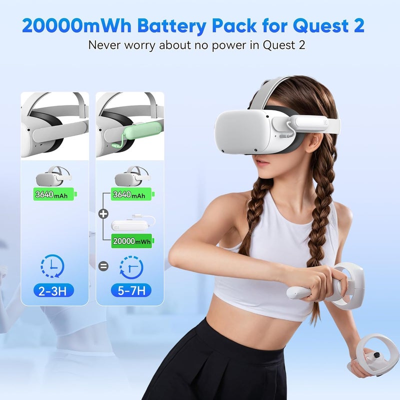 Kinwin حزمة بطارية لجهاز Oculus Quest 2، بطارية ممتدة بسعة 20000mWh لملحقات Meta Quest 2، حزمة بطارية سماعة VR بشحن سريع 10W، شاحن خفيف الوزن وقابل للنقل لوقت لعب إضافي من 2-4 ساعات - Image 2